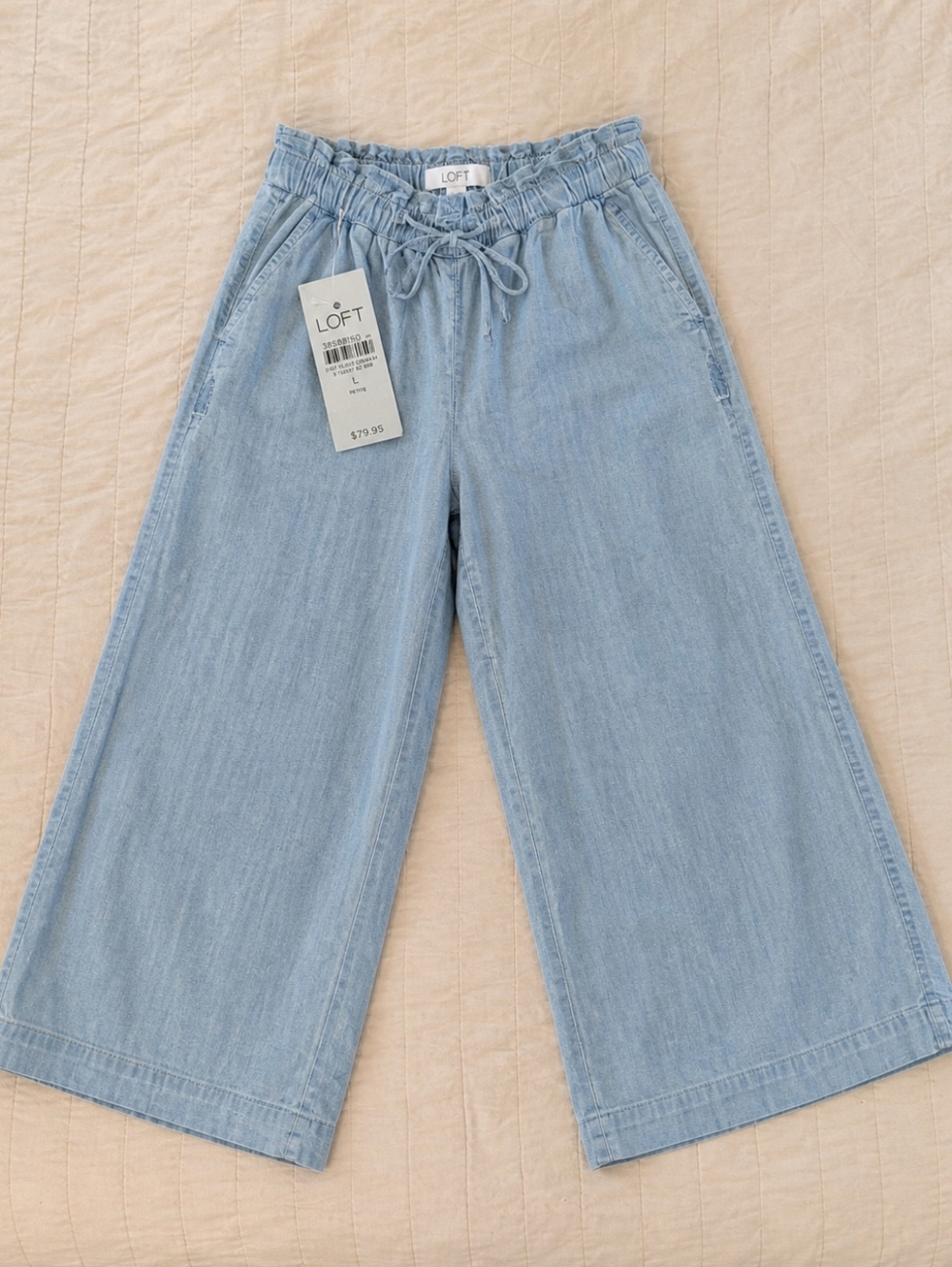 NWT LOFT Chambray Wide Leg Cropped Pants Light Wash Drawstring, Large Petite